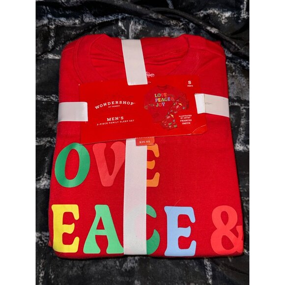Wondershop Men's "Love, Peace, Joy" Two Piece Pajama Set, Red, Size S - Picture 2 of 3